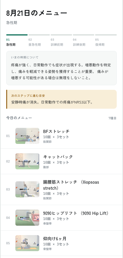 選手がフェーズの注意点と当日のメニューを確認する画面